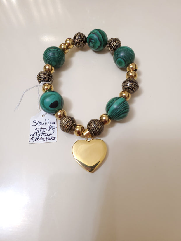 Malachite beads, stainless steel gold balls and other beads with stainless steel heart charm