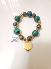 Malachite beads, stainless steel gold balls and other beads with stainless steel heart charm