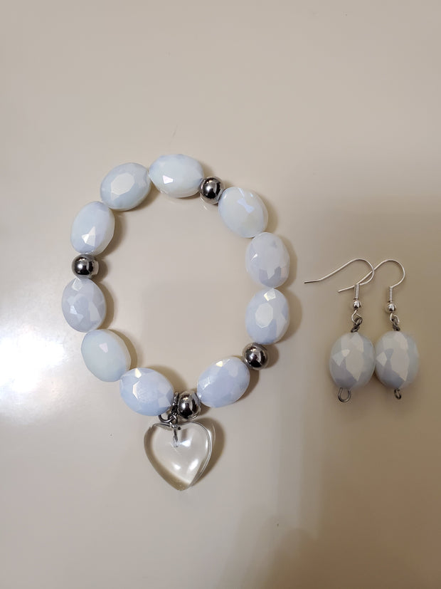 White glass beads stretch with earrings and glass charm